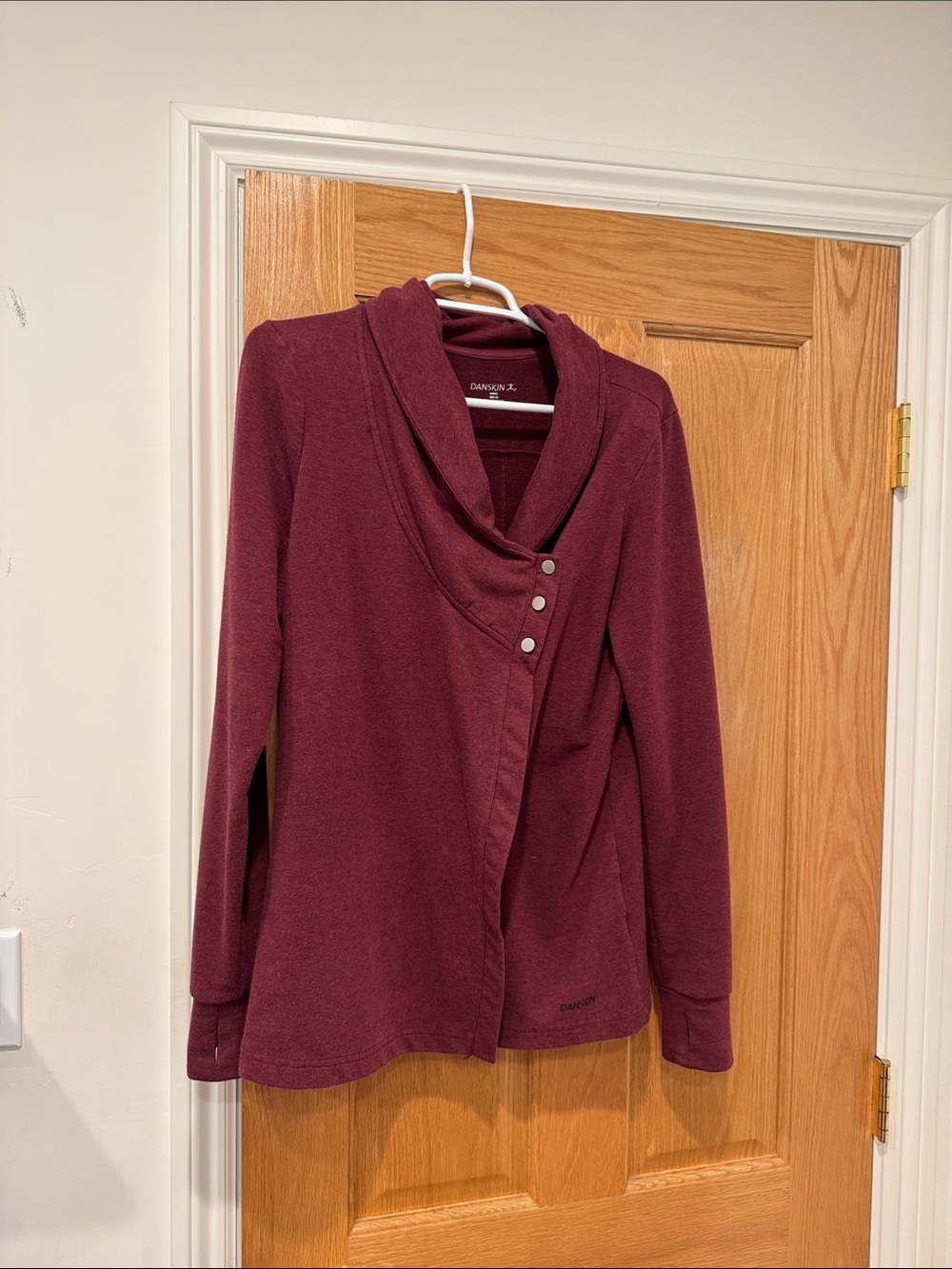 Danskin Burgundy Snap-Front Shawl Collar Sweatshirt
